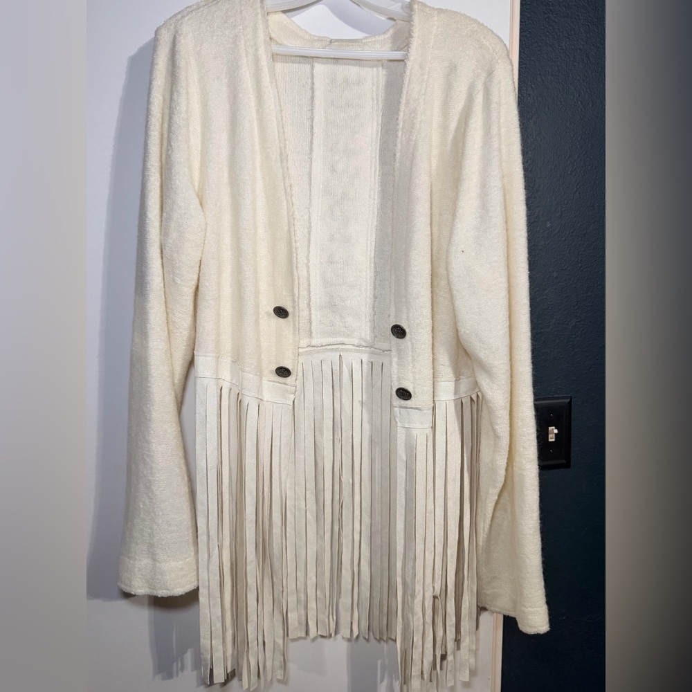 Vocal Cream Fringe Open Front Cardigan Sweater